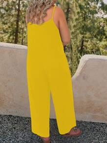 SHEIN LUNE Bộ áo liền quần màu trơn cỡ lớn có túi, áo ba lỗ mùa hè không tay - Màu vàng - Xem 2