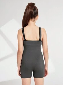 SHEIN Tween Girls' Dark Gray Colorblock Tank Romper, Yoga - Dark Grey - View 2