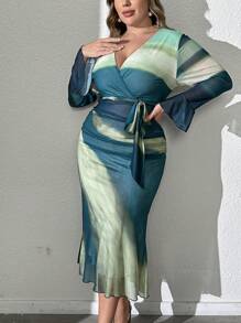 Modelyn 大码女式印花简约日常长袖连衣裙，超长紧身连衣裙，适合盛装活动/婚礼/派对 - 彩色 - 查看 3