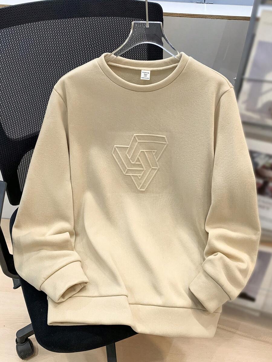 SHEIN Leap Crew Tween Boy Casual Loose Comfortable Versatile Solid Color Embossed Pattern Crew Neck Sweatshirt, Suitable For School And Outdoor Sports - Khaki - View 1