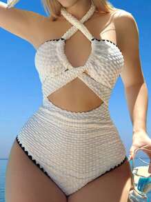Swim Mod Contrast Binding Cut Out Halter Summer Beach One Piece Swimsuit - White - View 1