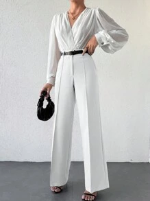 EURMUSE Ladies' Solid Color Simple Daily Casual Long Pants - White - View 4