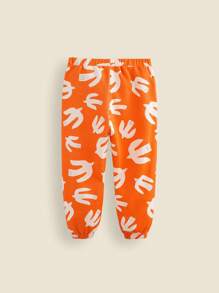 SHEIN Young Boy Orange Cute Seagull Print Elastic Waist Casual Sports Jogger Pants, Spring/Summer