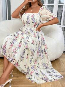 SHEIN Clasi 大码浪漫雪纺印花泡泡袖连衣裙长款女装 - 彩色 - 查看 1