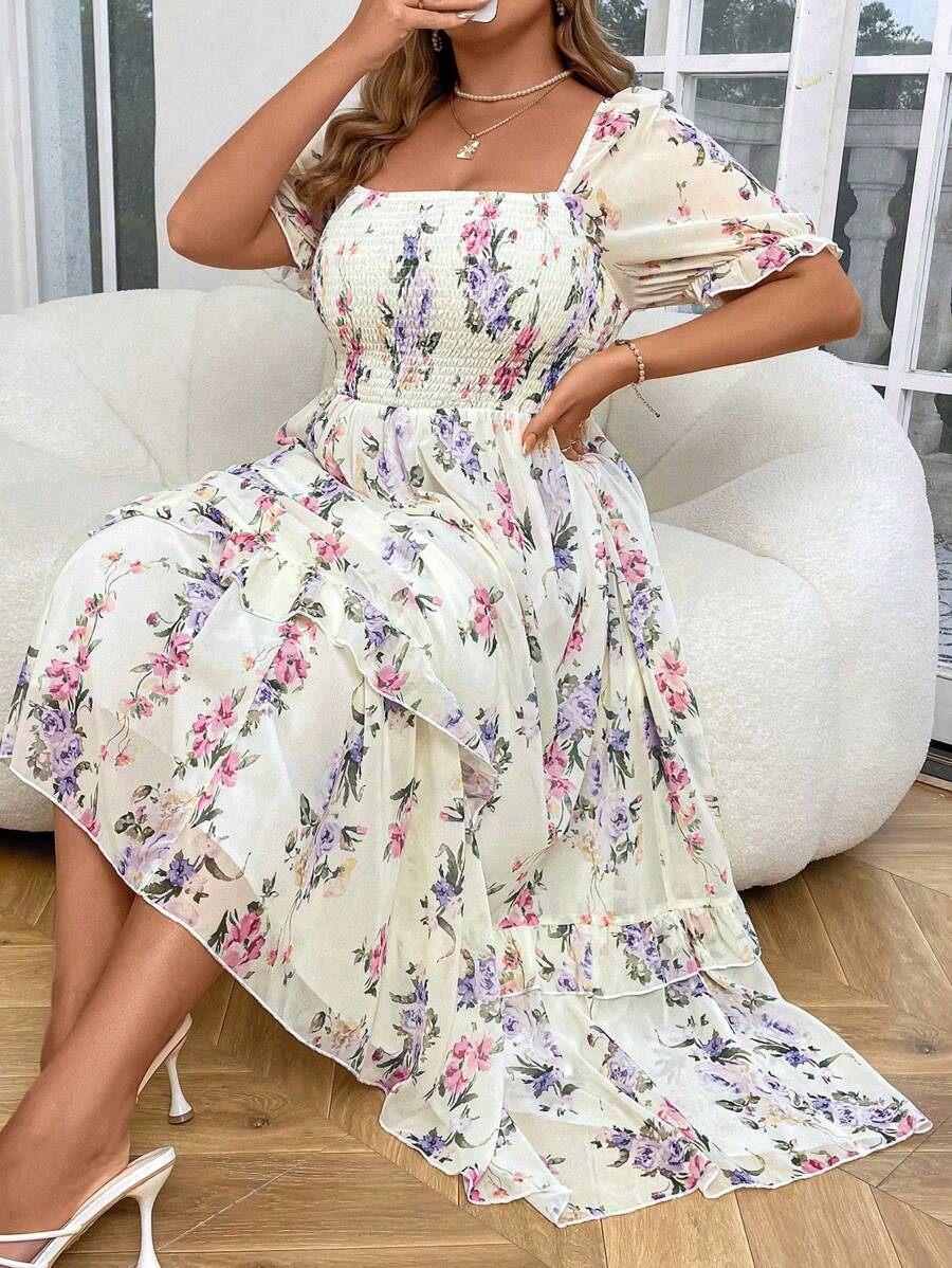 SHEIN Clasi 大码浪漫雪纺印花泡泡袖连衣裙长款女装 - 彩色 - 查看 1