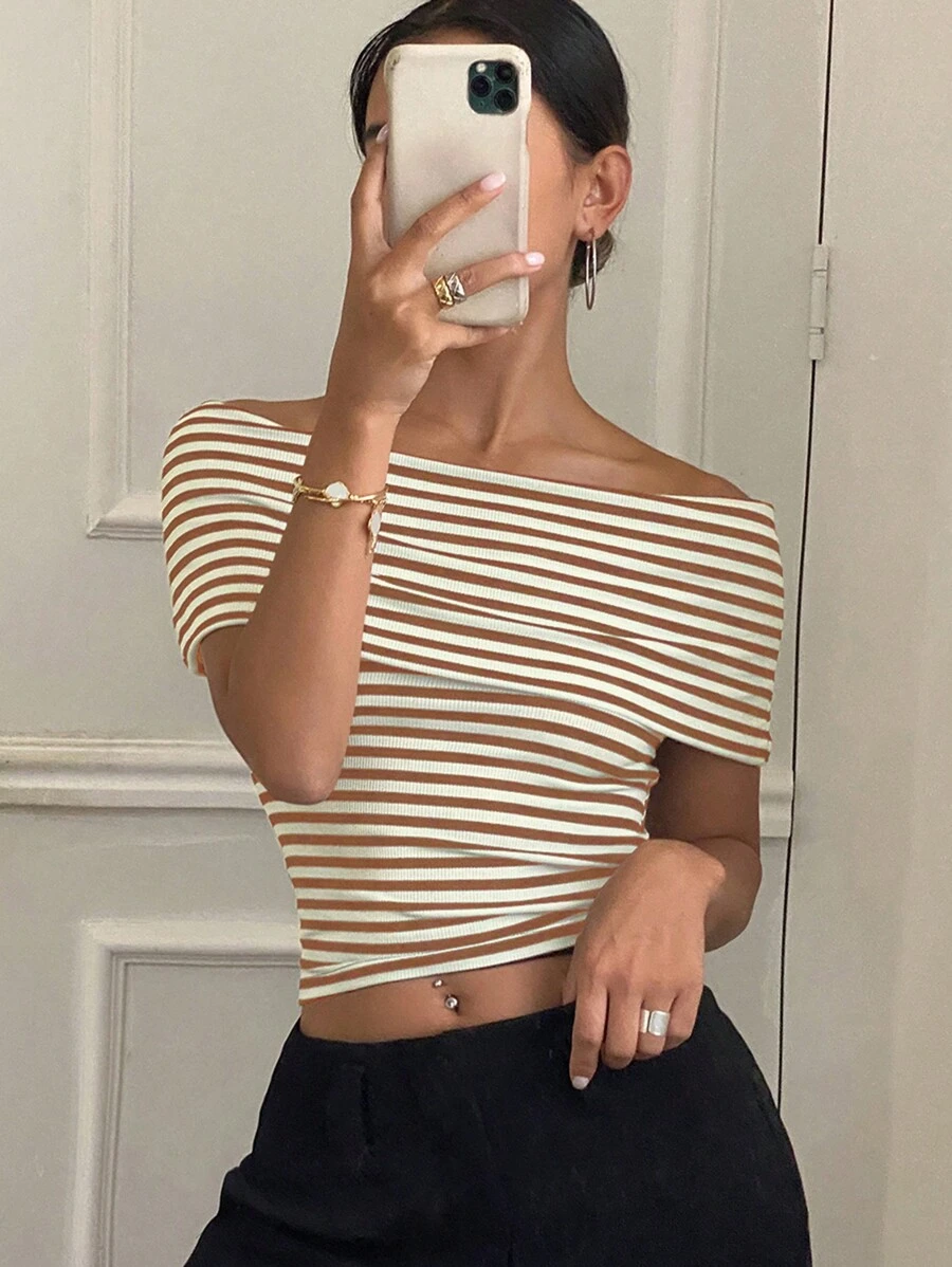 DAZY Summer Casual Off-Shoulder Striped Short Sleeve Cropped T-Shirt,Off Shoulder Top - Brown - View 1