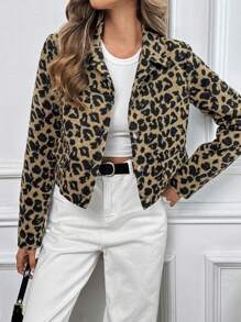 SHEIN Essnce 女士豹紋簡約日常長袖外套 - 彩色 - 查看 6