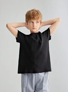 SHEIN 適合青少年男孩的純色圓領短袖T卹，采用窩紋編織面料 - 黑色 - 查看 6