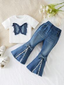 SHEIN Traje de niña joven con elemento de mariposa nuevo, pantalones con abertura y vuelo de encaje + camiseta con mariposa y flecos