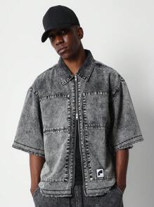 SUMWON Boxy Fit Washed Denim Zip Through Raw Edge Worker Shirt - Black - View 1