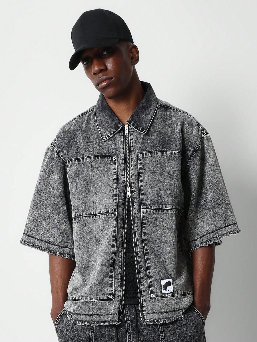 SUMWON Boxy Fit Washed Denim Zip Through Raw Edge Worker Shirt - Black - View 1