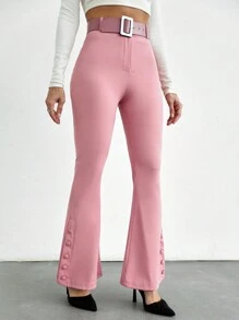 EURMUSE Button Detail Flare Leg Pants Without Belt - Pink - View 5