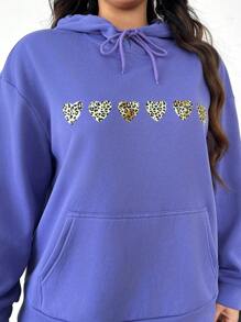 SHEIN EZwear 加大码豹纹爱心图案连帽卫衣，女式卫衣 - 紫色 - 查看 4