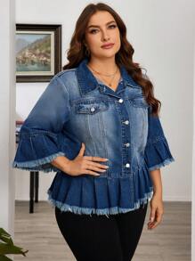 EMERY ROSE Plus Raw Trim Flounce Sleeve Ruffle Hem Denim Jacket - Medium Wash - View 5