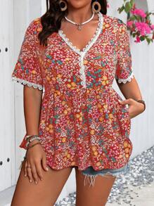 Flirla Plus Size Women's Random Printed Short Sleeve Shirt - Red - View 6