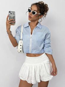 SHEIN Unity Striped Printed Zipper Jacket With Pockets, Long Sleeve Fall Cloth For Women - Blue and White - View 6