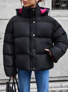 EURMUSE Coat With Zipper, Hood, Puffer Thick, Double Faced - Black - View 5