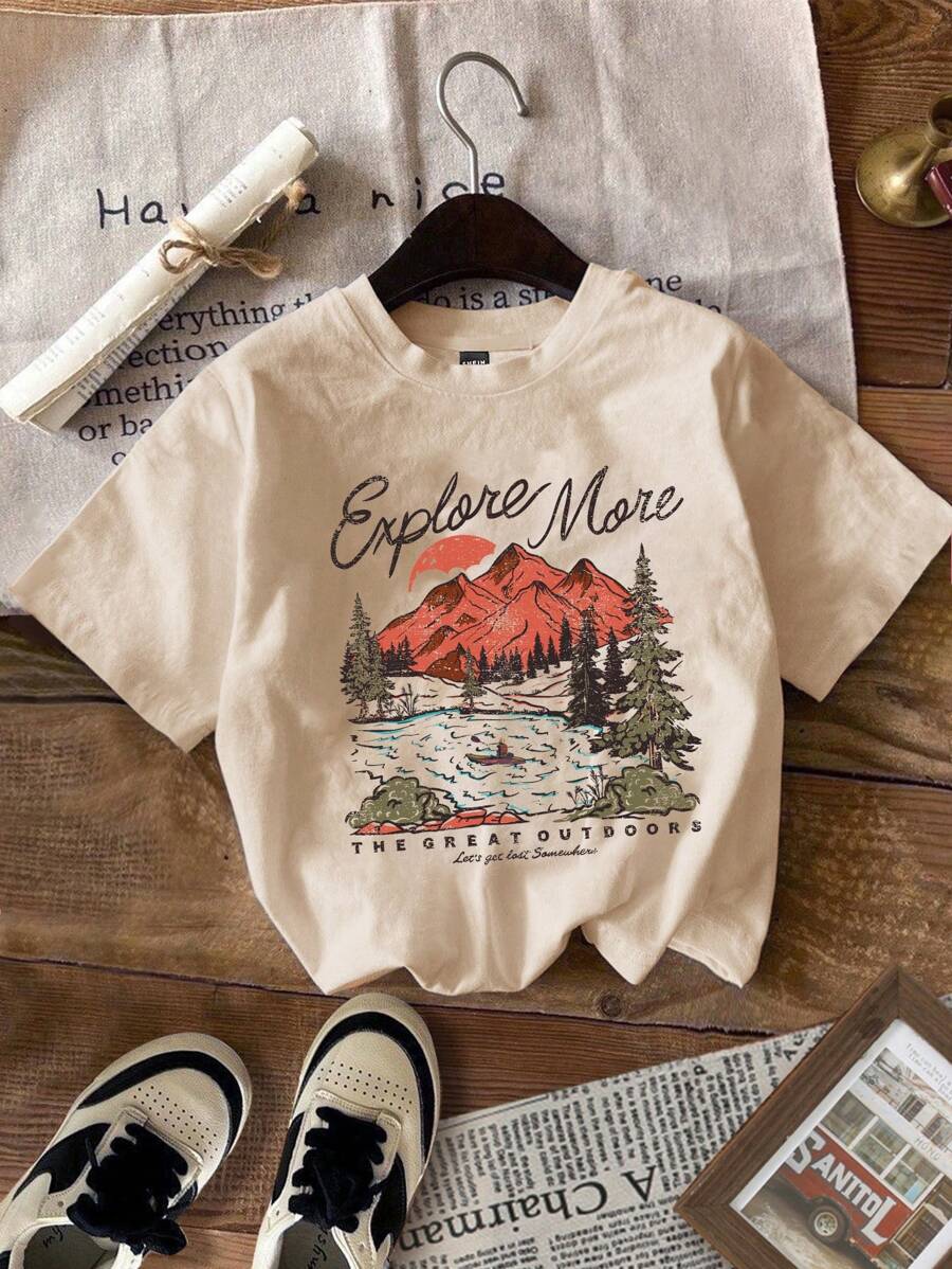 SHEIN EZwear Plus Size Loose-Fit T-Shirt With Rivers And Mountains Print, Casual Short Sleeve Round Neck Tee In S Explore More THE GREAT OUTDOORS Let's Get Lost Somewhere - Apricot - View 1