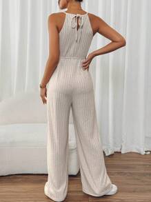 SHEIN Frenchy 實心腰帶肋針織背心連體褲 - 杏色 - 查看 2