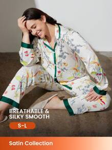 LUVLETTE 秋冬季碎花缎面长款女士睡衣套装休闲套装内衣秋季睡衣 - 綠色 - 查看 1