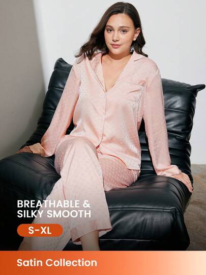 LUVLETTE Retro Polka Flora Satin Long Women Pink Bridesmaid Pajama Sets For Women Lounge Sets For Women Bridal Intimates Cozy And Elegant Details Fall Pajamas Clothes For Women Lingerie,Spring And Summer