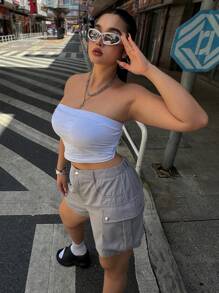 Flirla Plus Size Button Waistband Loose Casual Fashion Sports Outdoor Shorts With Pockets
