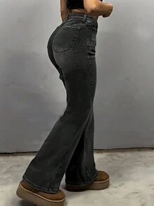 MYOURSA 高腰喇叭牛仔裤，女士弹力靴型裤，Y2K街头风休闲复古时尚，灰色 - 灰色 - 查看 4