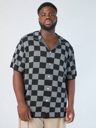 Manfinity VCAY Suéter tipo cardigan con cuello de solapa, diseño de empalme a cuadros, corte holgado y tirantes anchos, para hombres talla grande, para uso casual y diario en verano, estilo vintage