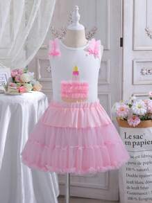 Tween Girls Cake Print Contrast Mesh Hem Tank Top & Tutu Skirt - Pink - View 1