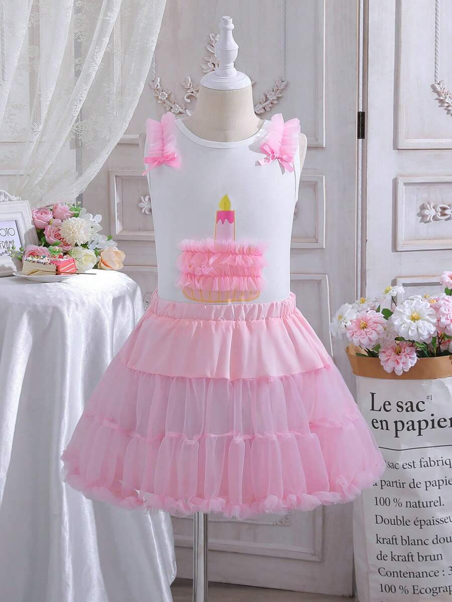 Tween Girls Cake Print Contrast Mesh Hem Tank Top & Tutu Skirt - Pink - View 1