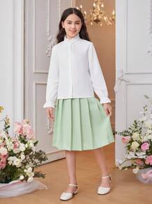 SHEIN Girls' (Big) Front Button Long Sleeve Shirt, Lace Sleeveless Jacket And Pleated Skirt Set