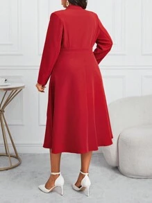 SHEIN Lady 加大码红色领腰收腰 A 字中长款西装连衣裙，优雅正式场合连衣裙秋季服装红色长袖 - 紅色 - 查看 2