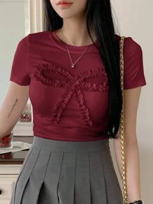 女士夏季純色荷葉邊蝴蝶結圓領短袖修身T卹 - 酒紅色 - 查看 3