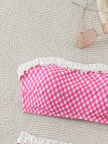 Swim Mod Gingham Frill Trim Bandeau Summer Beach Bikini Set - Pink - View 6
