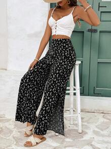 SHEIN Frenchy Women's Random Printed Simple Daily Long Pants - Black - View 2