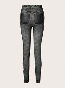 SHEIN LUNE Women's Butterfly Tie-Waist Denim Effect Slim Fit Casual Pants Fall Cloth For Women - Multicolor - View 2