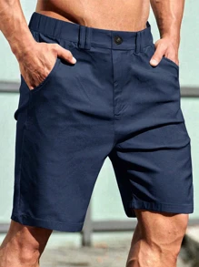 Manfinity Homme 男士纯色休闲短裤斜口袋男短裤男士休闲短裤男夏季短裤男短裤男士休闲短裤男 - 藏蓝色 - 查看 3