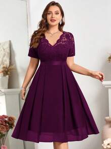 Floral Lace V-Neck Ruffle Chiffon A-Line Swing Dress, Semi-Formal Party Dress, Valentine's Day Dress, Summer Dress, Suitable For Birthday, Graduation, Back To School - Maroon - View 4