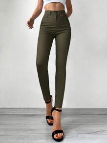 SHEIN Cottnline Solid Cropped Skinny Jeans - Dark Green - View 3