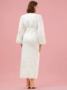 Enchnt 女士純色簡約日常長袖連衣裙 - 白色 - 查看 2