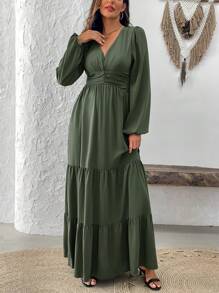 SHEIN Clasi 女士纯色简约日常长袖连衣裙长款女装 - 綠色 - 查看 6