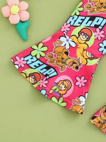 SCOOBY-DOO X SHEIN 女婴酷炫黑色休闲圆领T恤和粉色卡通印花喇叭裤套装 - 彩色 - 查看 8