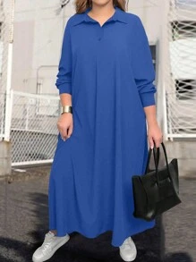 EMERY ROSE Váy Maxi thanh lịch và duyên dáng cỡ lớn với màu trơn đơn giản và cổ áo sơ mi dài tay, trang phục Maxi sang trọng và nhẹ nhàng dành cho phụ nữ, vải mùa thu dành cho phụ nữ - Xanh đậm - Xem 5