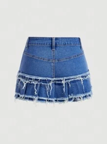 SHEIN MOD Falda de mezclilla para mujer con doble ribete de volantes en el dobladillo, bolsillos decorados con moño