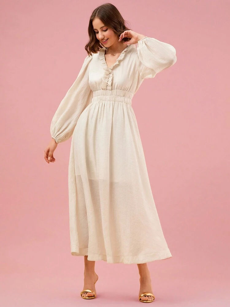 Fall Holiday Romantic Elegant Frill Trim Casual Lantern Sleeve Dress For Dailywear