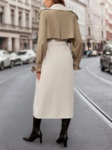 SHEIN Clasi Abrigo elegante a prueba de viento para mujer con bloque de color en caqui y albaricoque, abrigado y versátil para estilo de negocios, manga larga, cuello de solapa, abrigo estilo trench con cinturón
