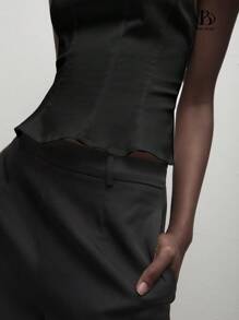 BizChic 女士弹力短款休闲上衣/吊带背心，浪漫优雅，百搭，商务休闲，办公室装，教师装，婚礼宾客装，秋季 - 黑色 - 查看 7