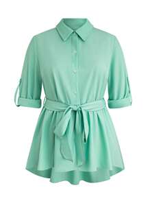 SHEIN Unity Plus Solid Button Front Belted Shirt Fall Cloth For Women - Mint Green - View 6