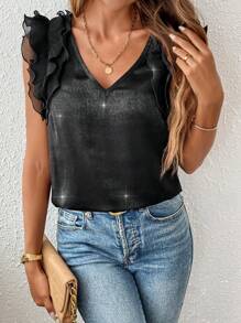 SHEIN LUNE Damen Doppellagiges A-Linien Shirt mit glänzendem Satinfinish, V-Ausschnitt, Flatter-Ärmel und Blumenspitze Details in Aprikosenfarbe, Sommer - Schwarz - Übersicht 5
