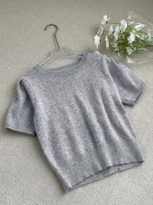 DAZY Solid Color Crew Neck Short Sleeve Knit Top,Fall Clothes - Grey - View 10